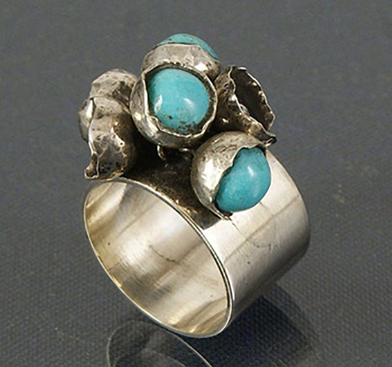 Flower Gemstone 925 Vintage Thai Silver Turquoise Ring