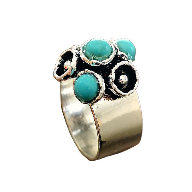 Flower Gemstone 925 Vintage Thai Silver Turquoise Ring